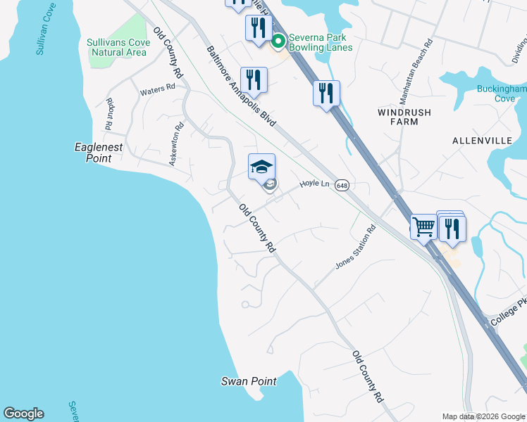 map of restaurants, bars, coffee shops, grocery stores, and more near 900 Country Terrace in Severna Park