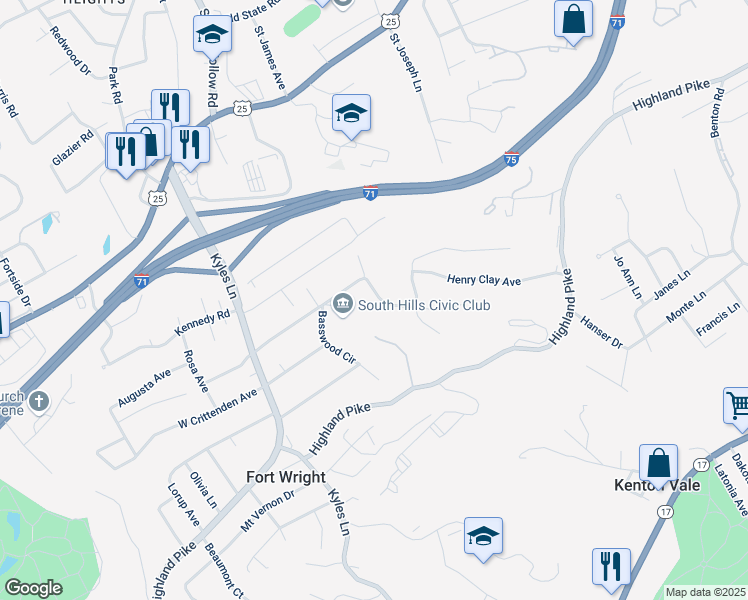 map of restaurants, bars, coffee shops, grocery stores, and more near 1417 East Henry Clay Avenue in Fort Wright