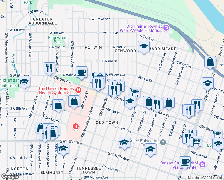 map of restaurants, bars, coffee shops, grocery stores, and more near 520 Southwest Lane Street in Topeka