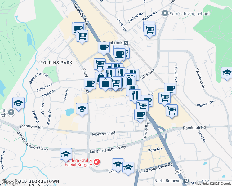 map of restaurants, bars, coffee shops, grocery stores, and more near 12268 Rockville Pike in Rockville