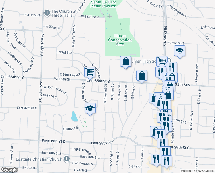 map of restaurants, bars, coffee shops, grocery stores, and more near 3505 South Pleasant Street in Independence
