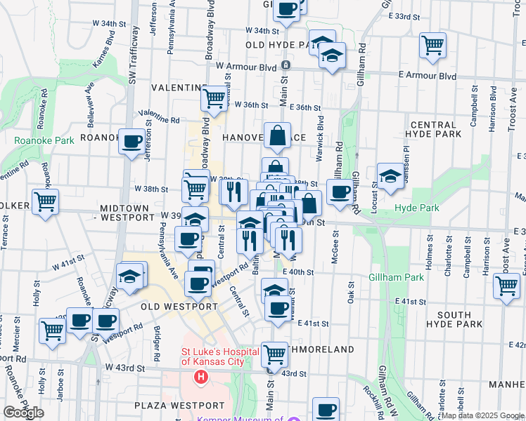 map of restaurants, bars, coffee shops, grocery stores, and more near 3837 Baltimore Avenue in Kansas City