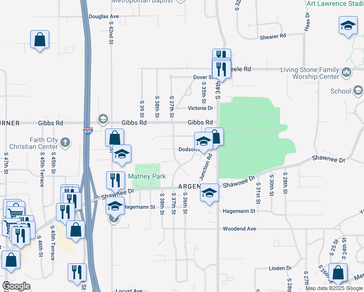 map of restaurants, bars, coffee shops, grocery stores, and more near 3620 Dodson Street in Kansas City