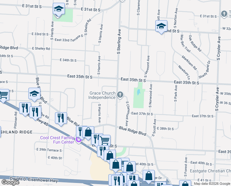 map of restaurants, bars, coffee shops, grocery stores, and more near 11120 E 36th Street South in Independence