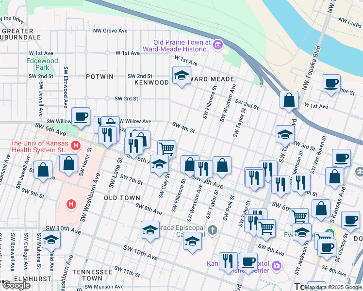 map of restaurants, bars, coffee shops, grocery stores, and more near 432 Southwest Clay Street in Topeka