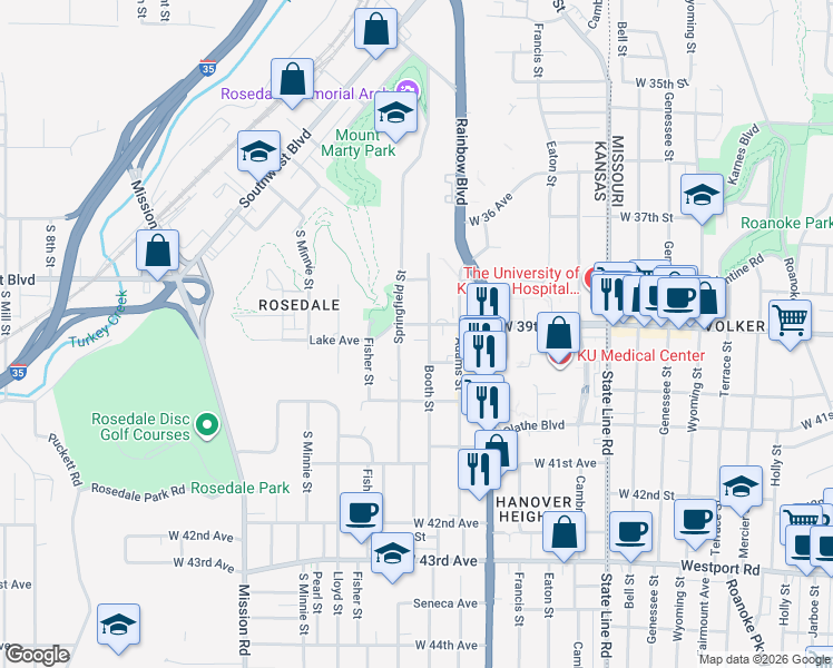 map of restaurants, bars, coffee shops, grocery stores, and more near 3902 Booth Street in Kansas City