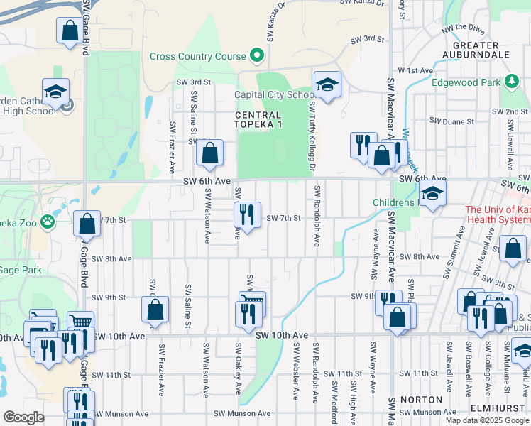 map of restaurants, bars, coffee shops, grocery stores, and more near 641 Southwest Vesper Avenue in Topeka