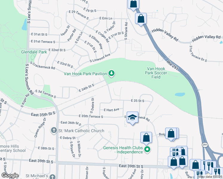 map of restaurants, bars, coffee shops, grocery stores, and more near 3408 South Shrank Court in Independence