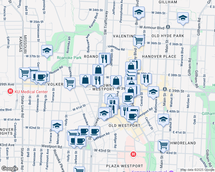 map of restaurants, bars, coffee shops, grocery stores, and more near 632 West 39th Street in Kansas City