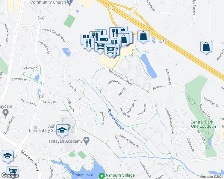 map of restaurants, bars, coffee shops, grocery stores, and more near 20207 Aztec Court in Ashburn
