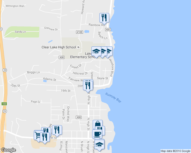 map of restaurants, bars, coffee shops, grocery stores, and more near 250 Sayre Street in Lakeport
