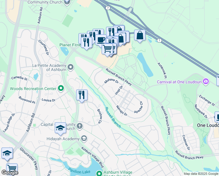 map of restaurants, bars, coffee shops, grocery stores, and more near 20207 Aztec Court in Ashburn