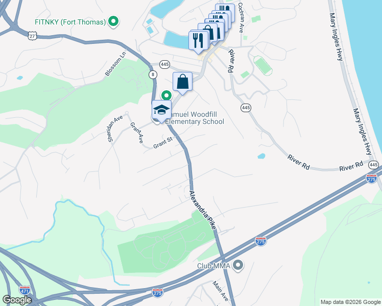 map of restaurants, bars, coffee shops, grocery stores, and more near 1205 Alexandria Pike in Fort Thomas