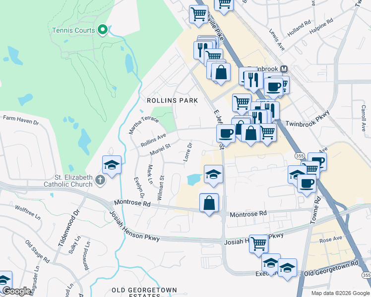 map of restaurants, bars, coffee shops, grocery stores, and more near 1 Lorre Court in Rockville
