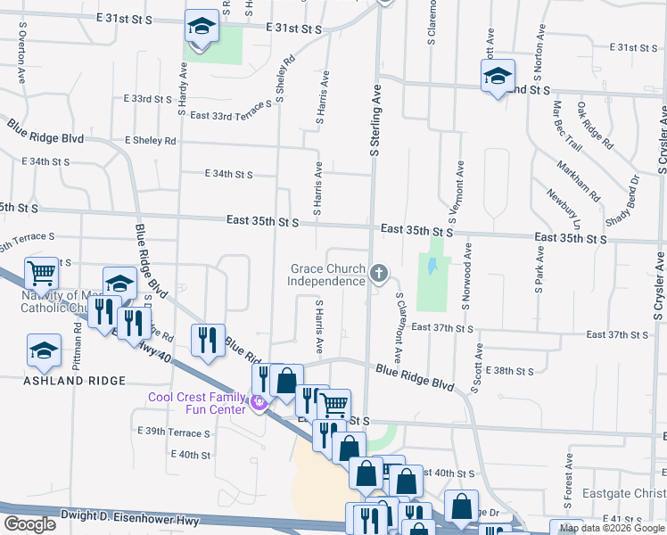 map of restaurants, bars, coffee shops, grocery stores, and more near 3511 Harvard Street in Independence