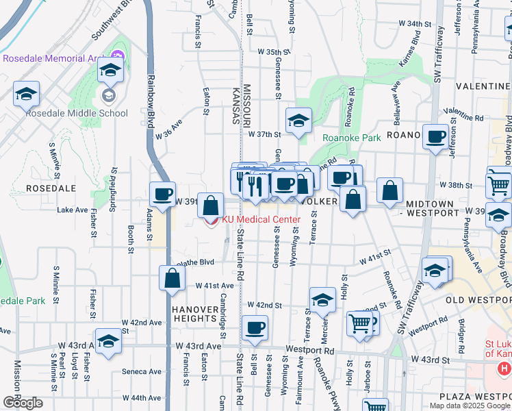map of restaurants, bars, coffee shops, grocery stores, and more near 3904 Bell Street in Kansas City