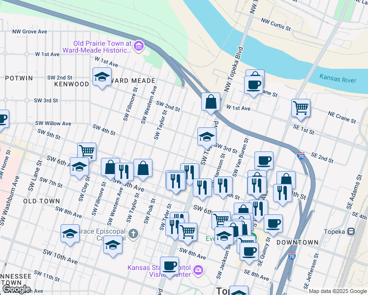 map of restaurants, bars, coffee shops, grocery stores, and more near 323 Southwest Tyler Street in Topeka