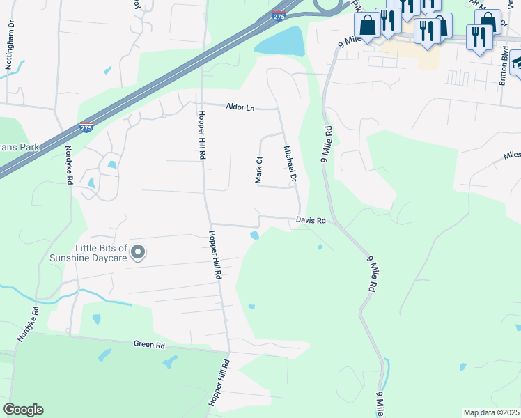 map of restaurants, bars, coffee shops, grocery stores, and more near 560 Davis Road in Cincinnati