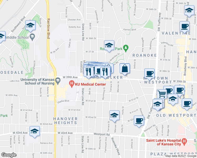 map of restaurants, bars, coffee shops, grocery stores, and more near 1621 West 39th Street in Kansas City