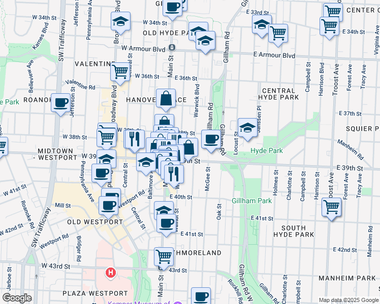 map of restaurants, bars, coffee shops, grocery stores, and more near 3830 Warwick Boulevard in Kansas City