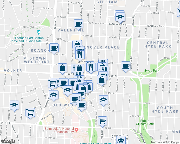 map of restaurants, bars, coffee shops, grocery stores, and more near 3838 Wyandotte Street in Kansas City