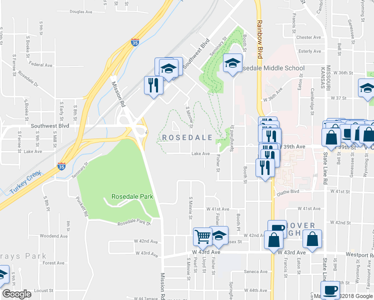 map of restaurants, bars, coffee shops, grocery stores, and more near 2712 Lake Avenue in Kansas City