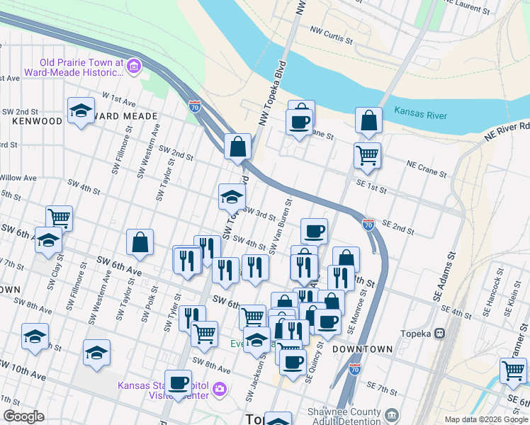 map of restaurants, bars, coffee shops, grocery stores, and more near 401-409 Southwest 3rd Street in Topeka
