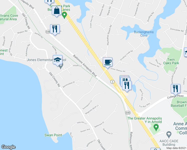 map of restaurants, bars, coffee shops, grocery stores, and more near 976 Baltimore Annapolis Boulevard in Severna Park