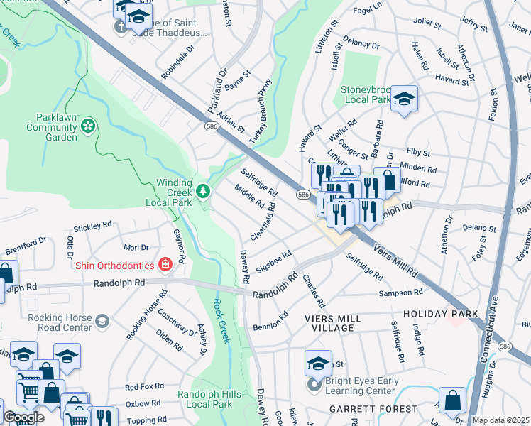 map of restaurants, bars, coffee shops, grocery stores, and more near 12300 Middle Road in Silver Spring
