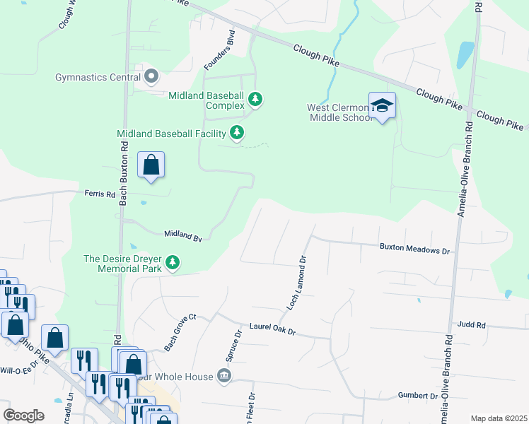 map of restaurants, bars, coffee shops, grocery stores, and more near 1240 Nottingham Road in Amelia