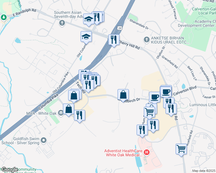 map of restaurants, bars, coffee shops, grocery stores, and more near 2220 Broadbirch Drive in Silver Spring