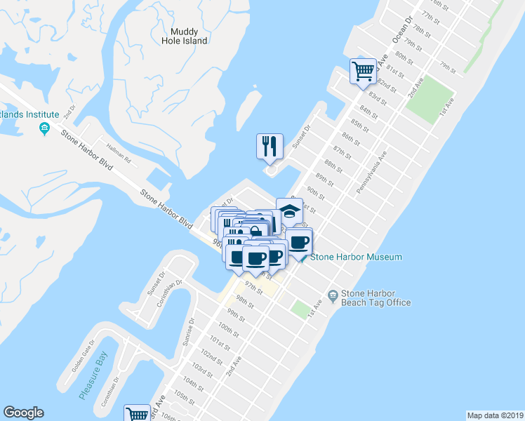 map of restaurants, bars, coffee shops, grocery stores, and more near 346 93rd Street in Stone Harbor