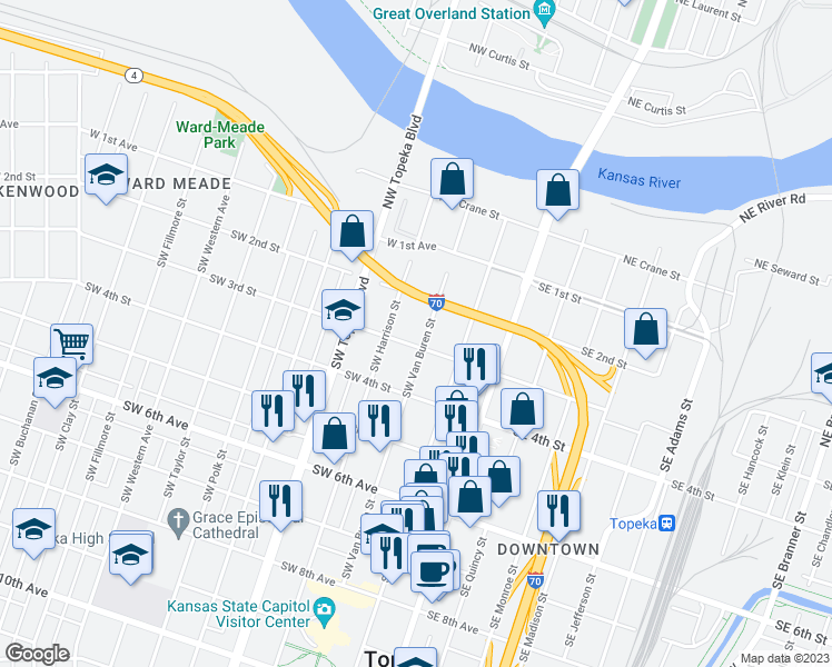 map of restaurants, bars, coffee shops, grocery stores, and more near 235 Southwest Van Buren Street in Topeka