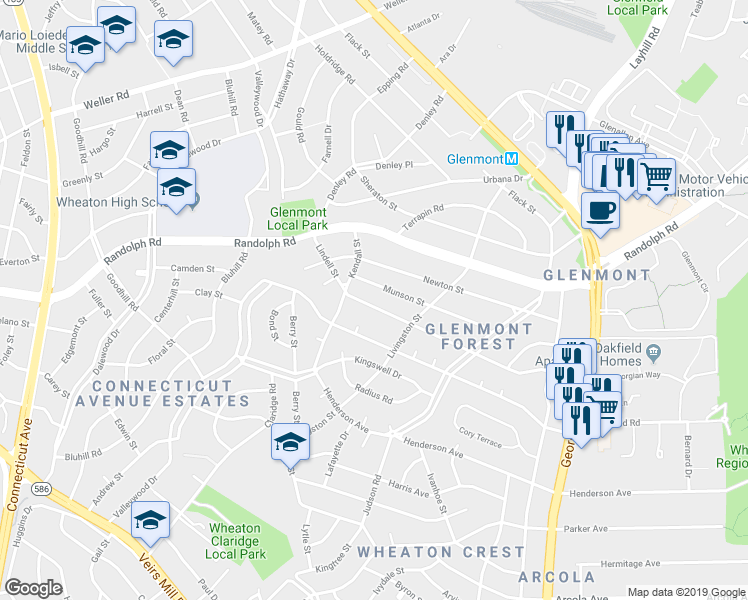 map of restaurants, bars, coffee shops, grocery stores, and more near 2815 Lindell Street in Wheaton-Glenmont