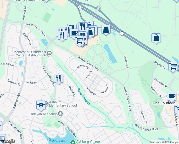 map of restaurants, bars, coffee shops, grocery stores, and more near 20197 Hopi Drive in Ashburn