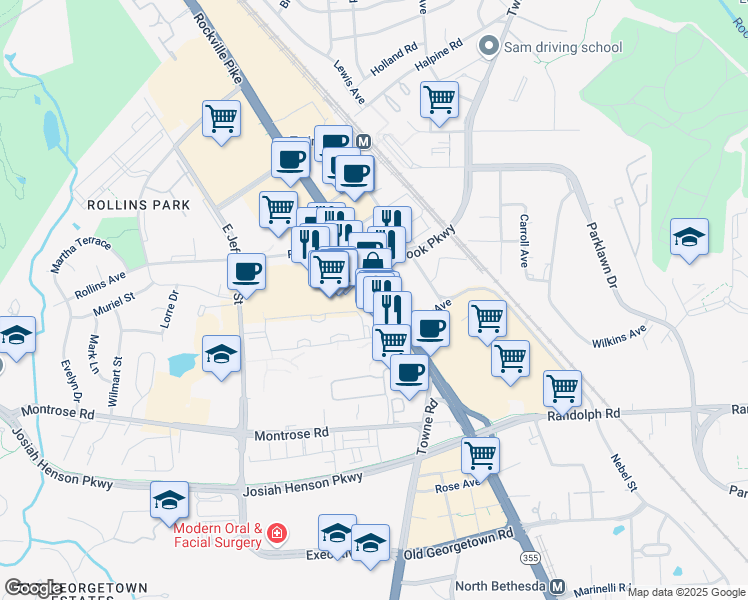 map of restaurants, bars, coffee shops, grocery stores, and more near 12260 Rockville Pike in Rockville