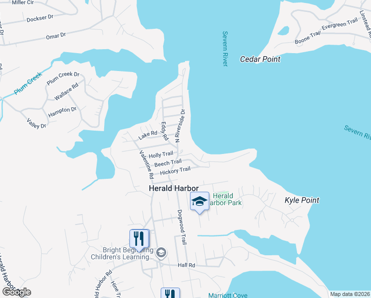 map of restaurants, bars, coffee shops, grocery stores, and more near 763 North Riverside Drive in Crownsville