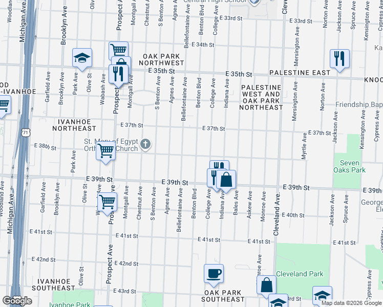 map of restaurants, bars, coffee shops, grocery stores, and more near 3801 Benton Boulevard in Kansas City