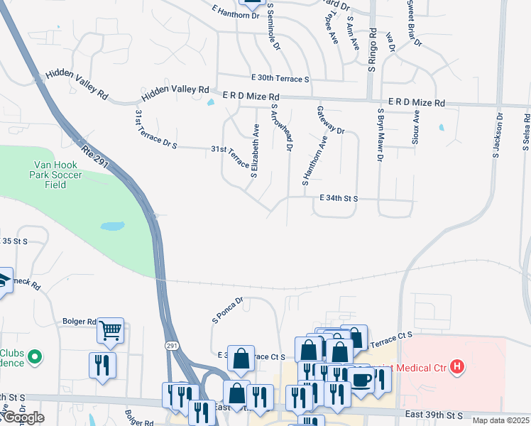 map of restaurants, bars, coffee shops, grocery stores, and more near 3372 South Cochise Avenue in Independence