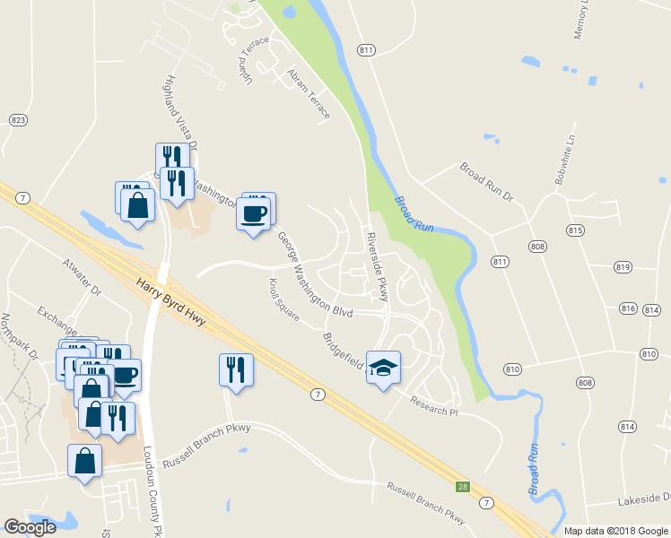 map of restaurants, bars, coffee shops, grocery stores, and more near 20190 Brookview Square in Ashburn