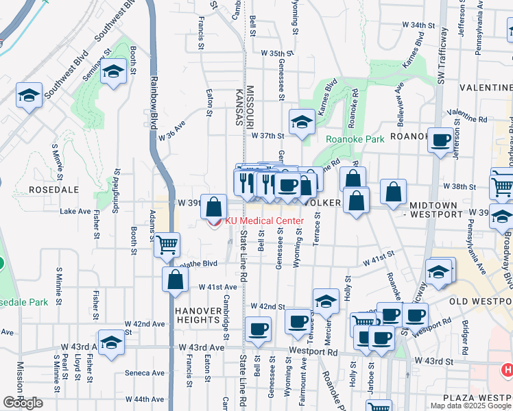 map of restaurants, bars, coffee shops, grocery stores, and more near 3904 Bell Street in Kansas City