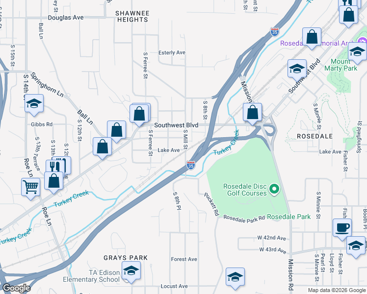 map of restaurants, bars, coffee shops, grocery stores, and more near 2440 South Mill Street in Kansas City