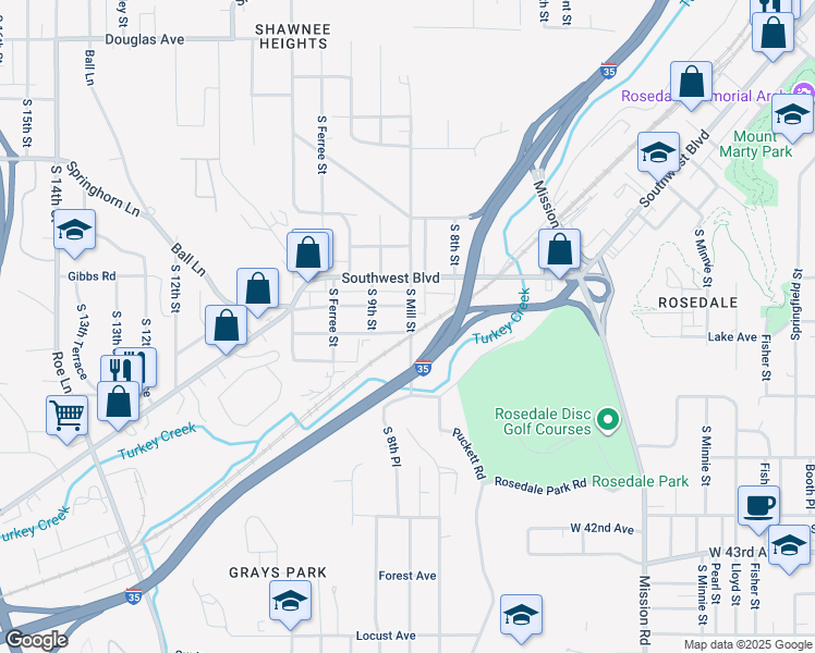 map of restaurants, bars, coffee shops, grocery stores, and more near 2440 South Mill Street in Kansas City