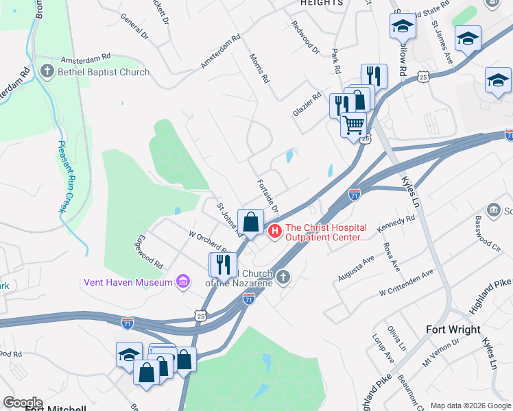 map of restaurants, bars, coffee shops, grocery stores, and more near 116 Kruempelman Drive in Fort Mitchell