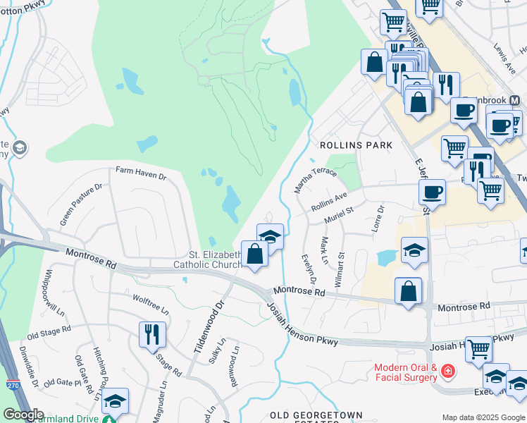 map of restaurants, bars, coffee shops, grocery stores, and more near 12242 Tildenwood Dr in Rockville