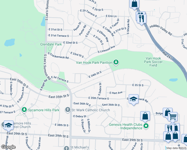 map of restaurants, bars, coffee shops, grocery stores, and more near 16352 East 34th Street South in Independence
