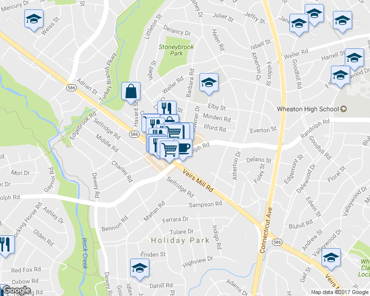 map of restaurants, bars, coffee shops, grocery stores, and more near 4217 Randolph Road in Silver Spring