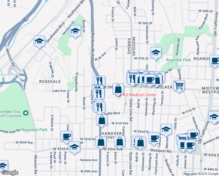 map of restaurants, bars, coffee shops, grocery stores, and more near 3901 Rainbow Boulevard in Kansas City