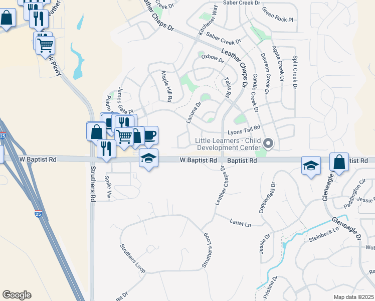 map of restaurants, bars, coffee shops, grocery stores, and more near 427 Whistler Creek Court in Monument