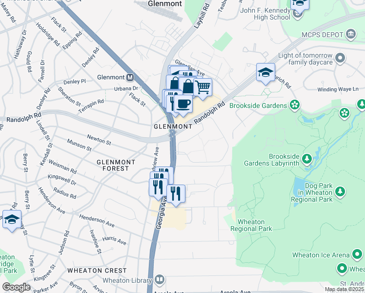 map of restaurants, bars, coffee shops, grocery stores, and more near 2386 Glenmont Circle in Silver Spring